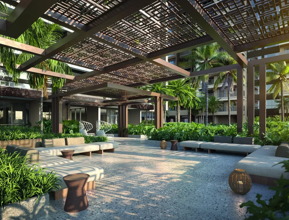 Praça do pergolado com treliça tailandesa e lounge no Gran Thai Leisure Residence