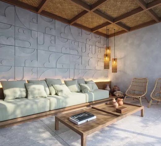 Lounge de espera do Gran Thai Leisure Residence com painel de madeira e esculturas