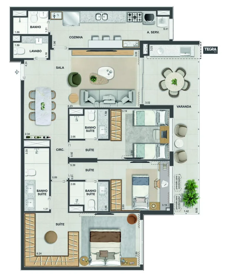 Planta do apartamento de 3 suítes com 128 m² do Gran Thai, edifício Shanti