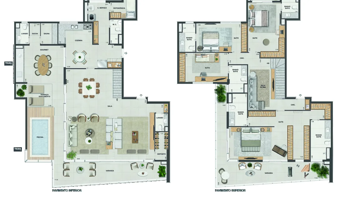 Planta da cobertura duplex de 4 suítes com 403 m² do Gran Thai, edifício Siam, pavimentos inferior e superior